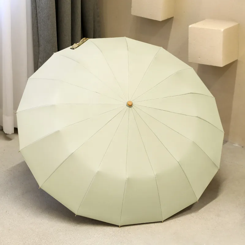 Large 16 Ribs Windproof Folding Umbrella For Men Women Sun Rain Protection Color Glue Coating Wooden Handle Manual Umbrella