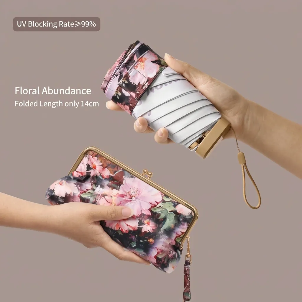 Mini Portable Folding Sun Umbrella For Women UV Protection Floral Print Light Travel Rain Parasol With Pouch