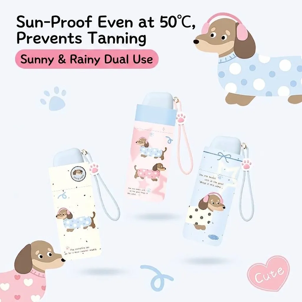 Portable Flat Folding Sun Umbrella For Women UV Protection Black Glue Coating Manual 5 Fold Rain Sun Dual Use Compact Lightweight Gingham Cartoon Dog Pattern Parasol