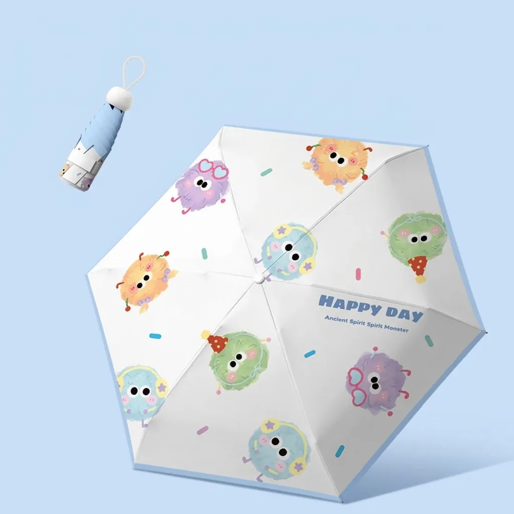 Mini Portable 5-Fold Sun Rain Umbrella UPF 50+ UV Protection Vinyl Coated Pongee Pocketsize Parasol Cartoon Animal Floral Pattern Women Travel Gift