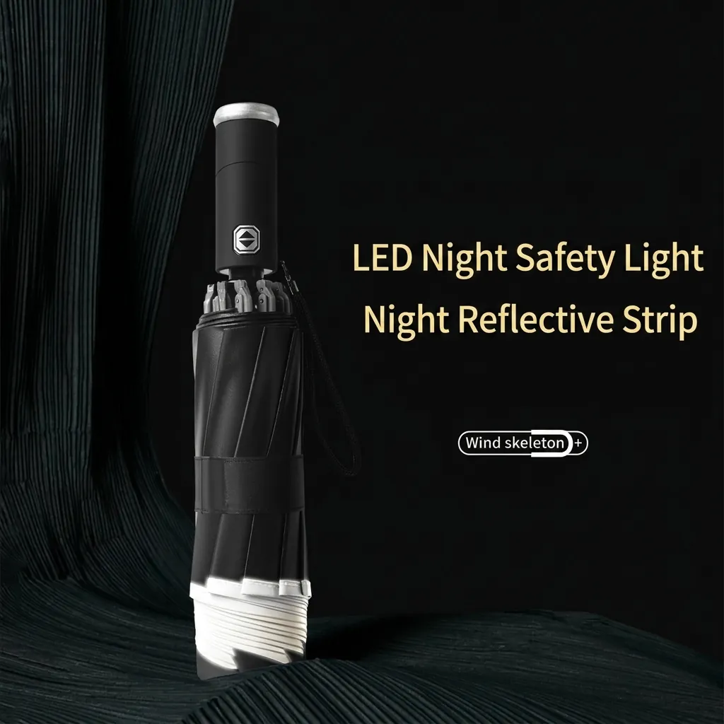 Fully Automatic Reverse Folding Umbrella LED Light Reflective Strip Windproof Sun Rain Pongee Black Coating Travel Umbrella