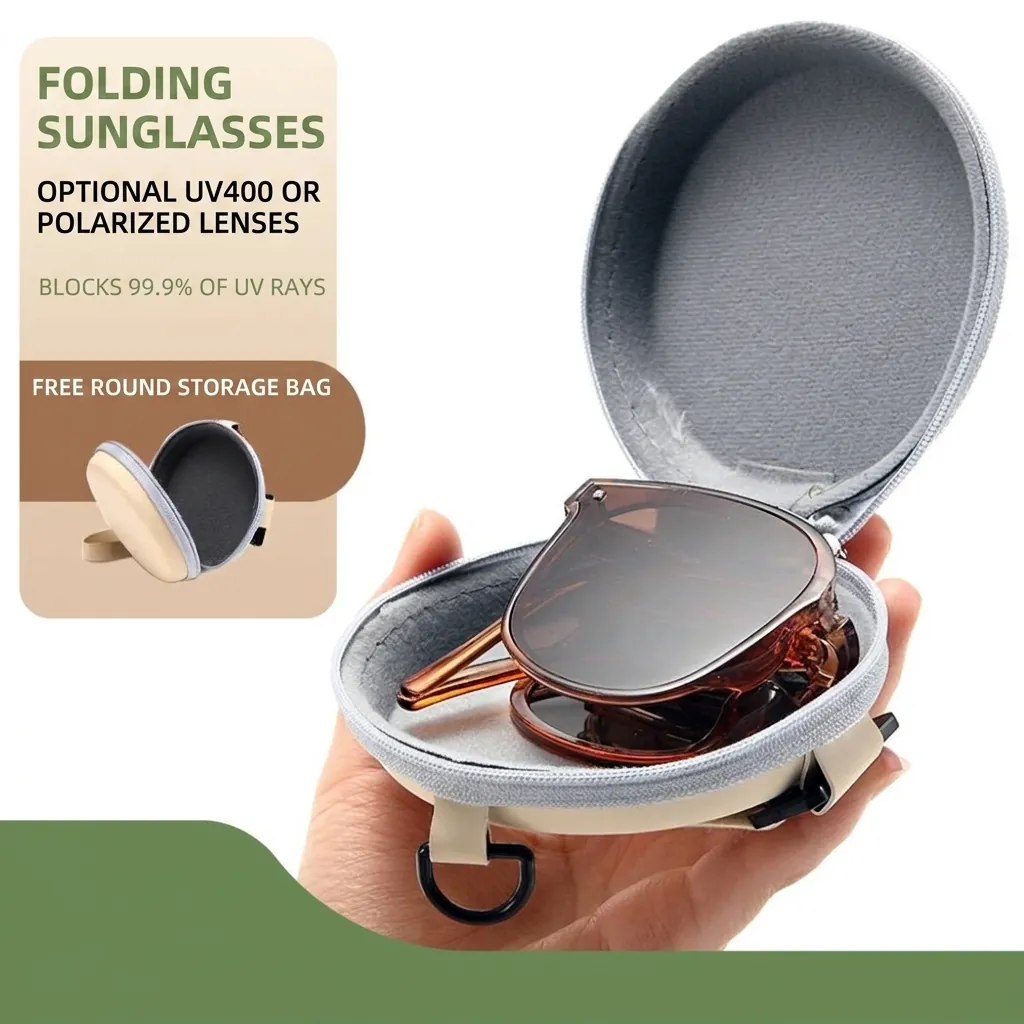 Foldable Square Sunglasses For Women Men PC Frame UV400 Protection Portable Fashion Sun Glasses With Round Storage Case