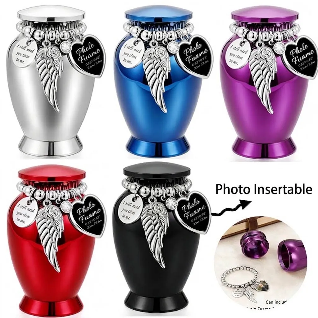 Mini Tierurne Gedenken Legierung Aschehalter Mit Herz Fotorahmen Engel Flügel Anhänger Strass Haustier Memorial Andenken Schatulle
