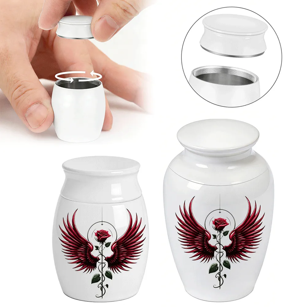 Memorial Keepsake Urn For Ashes Aluminum Alloy Mini Human Pet Cremation Urn Red Rose Wings Pattern White Decorative Jar
