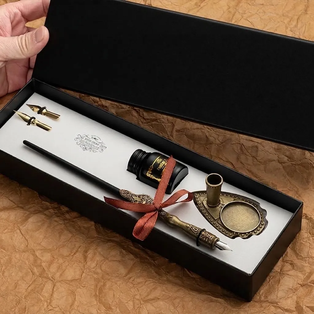 Vintage European Calligraphy Dip Pen With Wood Handle Metal Nib Stand Ink Packaging For Writing Drawing Business Gift