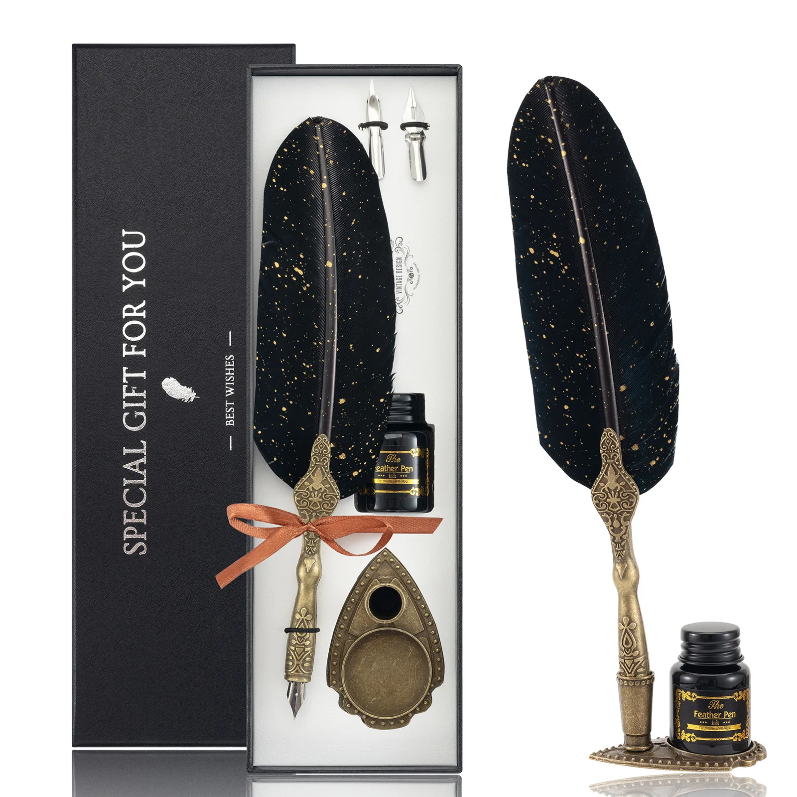 Vintage Feather Pen Set With Engraved Pen Holder Calligraphy Dip Pen Ink Stainless Steel Nibs Writing Gift For Writers