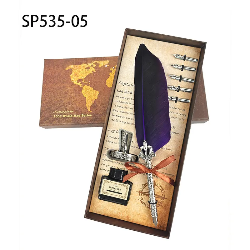 Vintage Feather Quill Pen Set World Map Gift Box Calligraphy Dip Pen With 5 Nibs Ink Bottle Stainless Steel Nib Alloy Pen