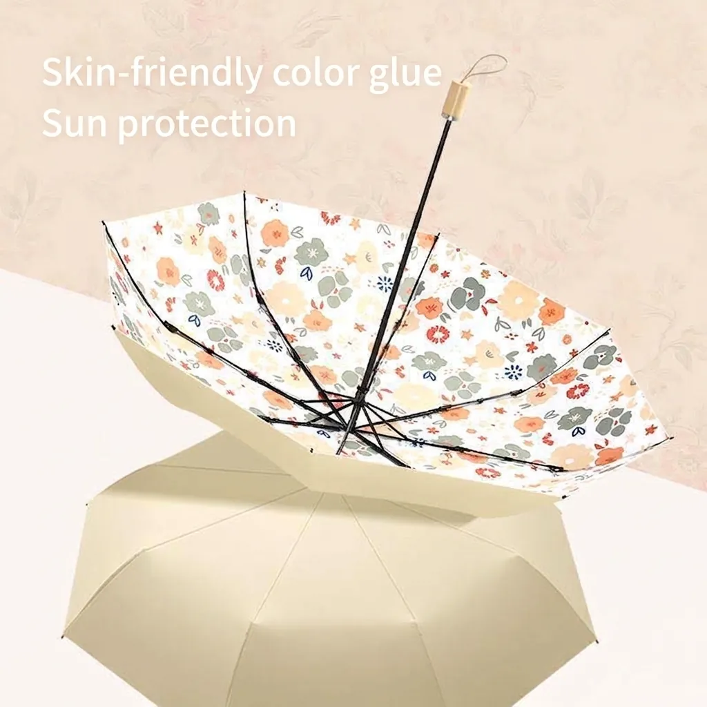 Pastoral Floral UV Protection Sun Rain Umbrella For Women High Density Pongee 3-Fold Portable Parasol Wood Grain Handle