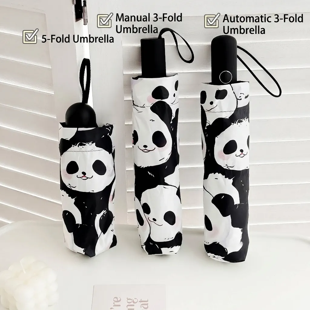 Ombrello Automatico Con Motivo a Panda Carino Protezione UV Sole e Pioggia Mini Ombrello Pieghevole per Donne Studenti Parasole Con Rivestimento Nero