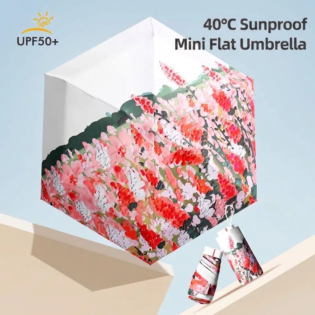 Mini Portable 5-Fold Sun Umbrella UPF50+ UV Protection Oil Painting Floral Pongee Manual Umbrella For Women Sun Rain Dual Use