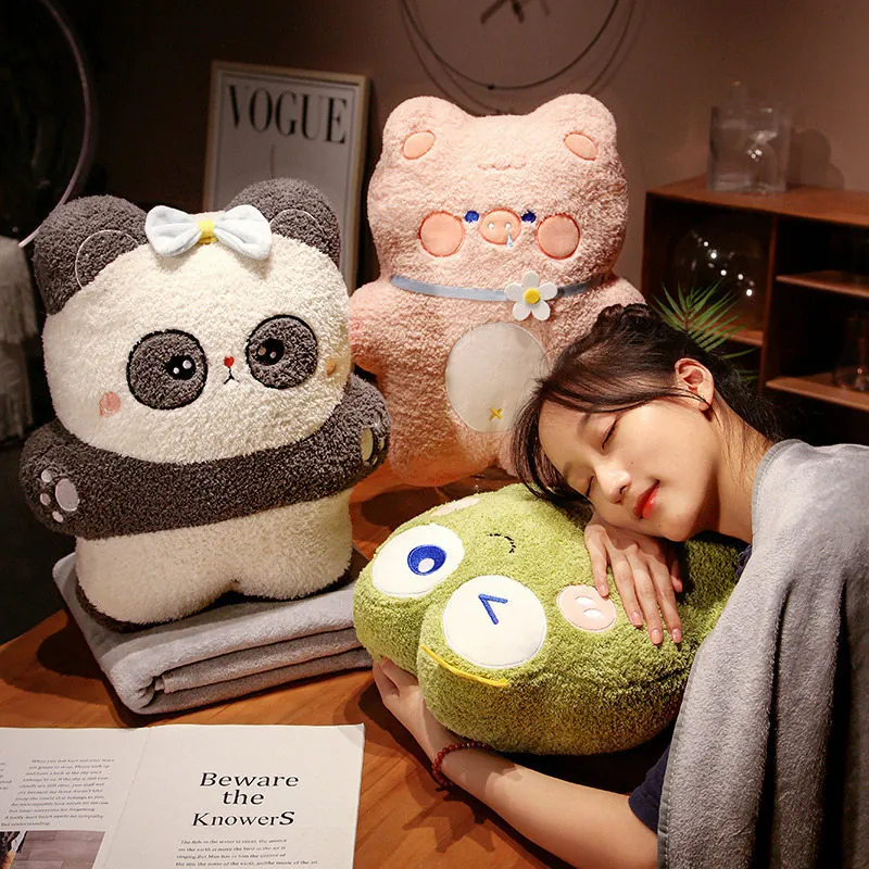 2-in-1 Animal Plush Pillow Blanket Combo Soft Panda Pig Rabbit Frog Travel Office Nap Cushion Washable Fleece Throw