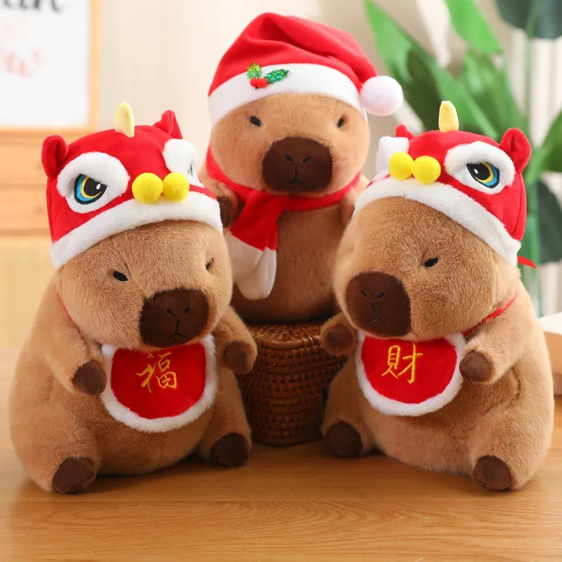 Lindo Juguete De Peluche De Capibara Suave Animal De Peluche Con Gorro De Navidad Traje De Danza Del León Para Niños Niños Niñas Regalo De Festival Home Decor