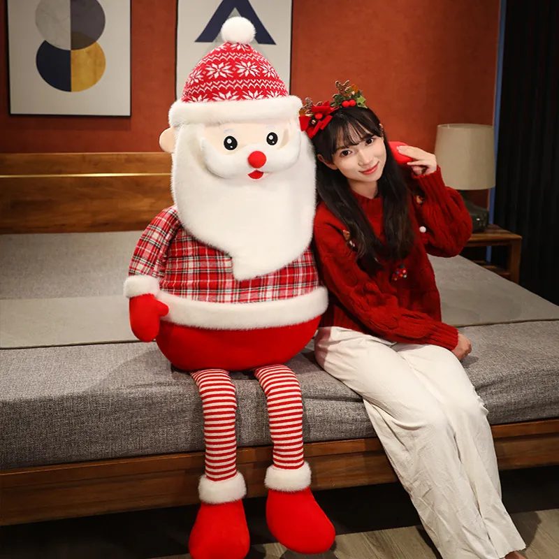 Large Santa Claus Plush Toy Long Legged Plaid Fabric Stuffed Doll Christmas Decoration Soft Pillow For Home Festive Gift