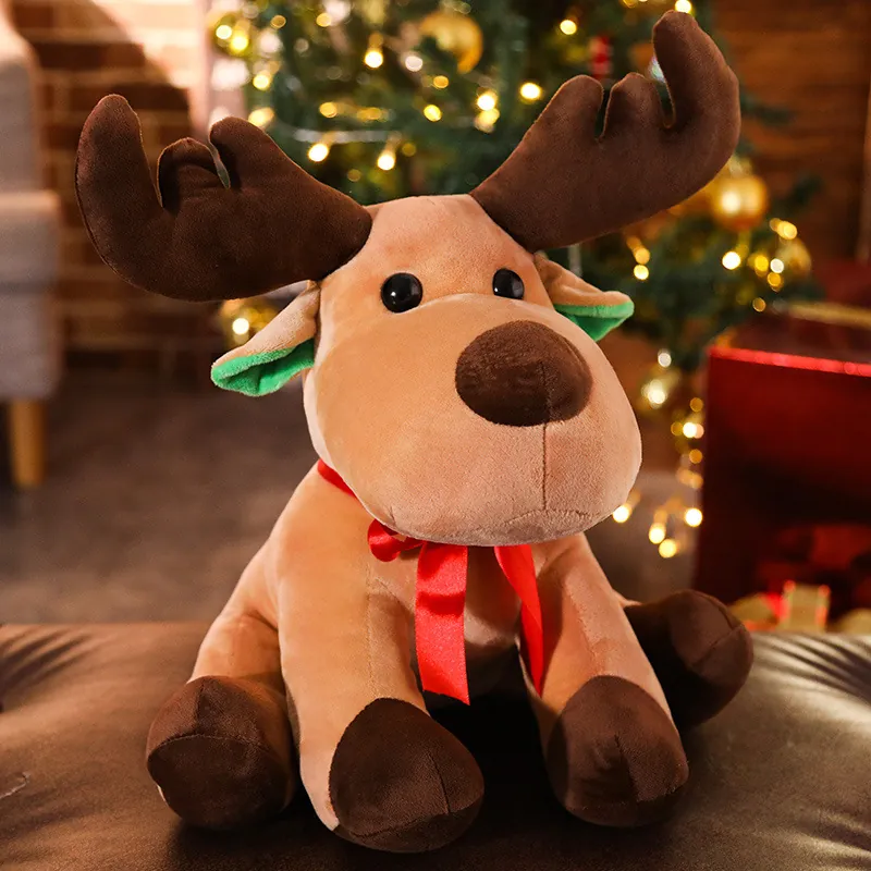 Cartone Animato Renna di Natale Peluche Morbido Giocattolo con Fiocco Rosso Regalo di Festa per Bambini Arredamento Casa