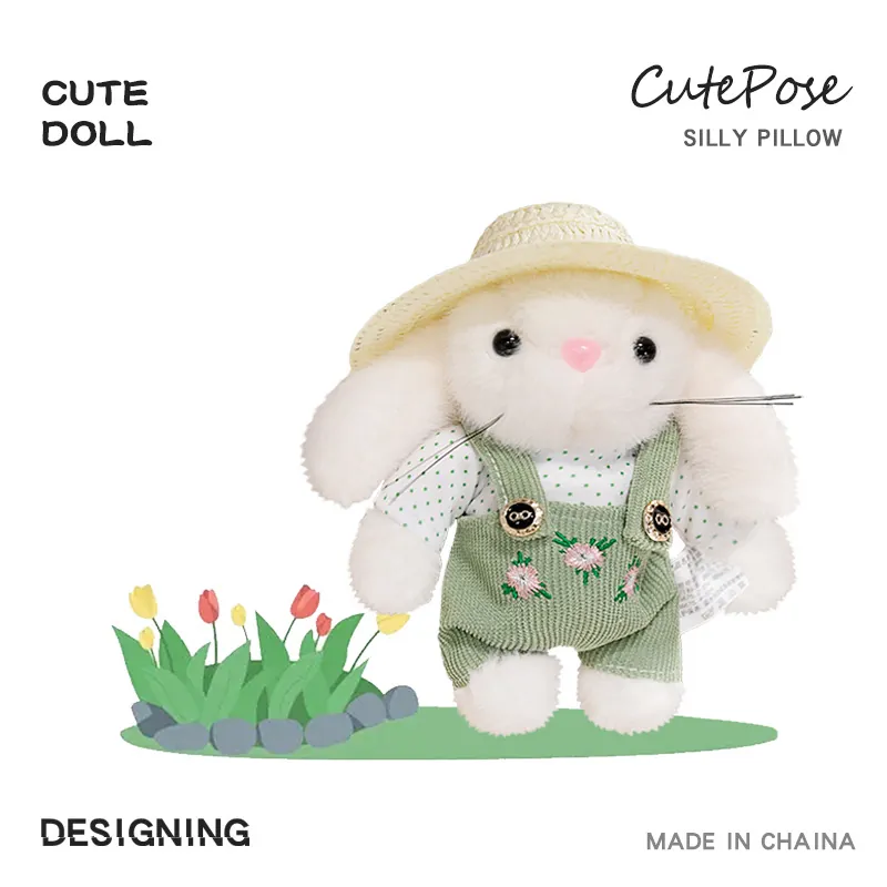 Cute Long Ear White Rabbit Plush Toy Gardener Bunny Doll With Straw Hat Flower Embroidery Overalls Soft Stuffed Animal Gift For Kids