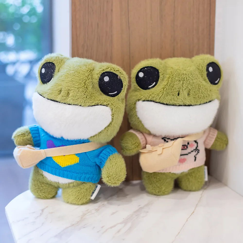 Cute Green Frog Plush Toy With Large Eyes Wearable Knit Sweater And Mini Backpack Soft Stuffed Animal Doll For Children Birthday Gift