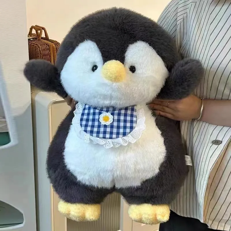 Cute Penguin Plush Toy Soft Stuffed Animal Doll With Plaid Bib Daisy Decoration Comfort Sleep Pillow For Kids Friends Gift