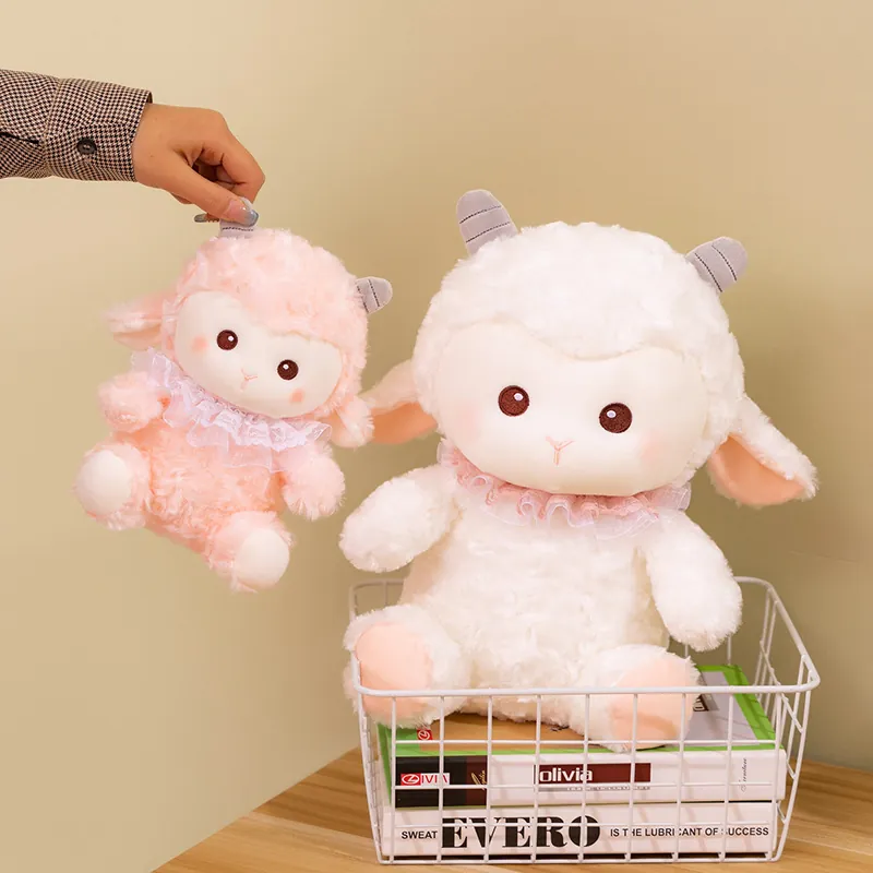 Cute Soft Sheep Plush Toy Lady Sheep Stuffed Animal With Lace Collar Soothing Sleep Doll For Kids Birthday Gift Home Decor