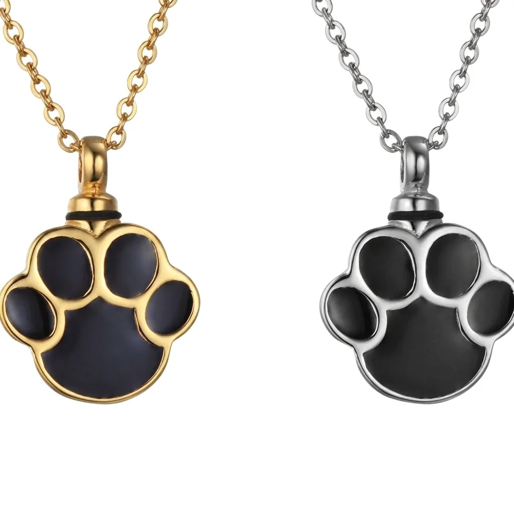 Stainless Steel Pet Memorial Cremation Urn Necklace Paw Print Ash Keepsake Pendant For Pet Ashes Funeral Jewelry Gold Silver