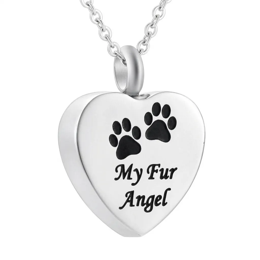 Stainless Steel Heart Urn Necklace For Pet Ashes Memorial Keepsake Pendant With Paw Print My Fur Angel Engraved Design
