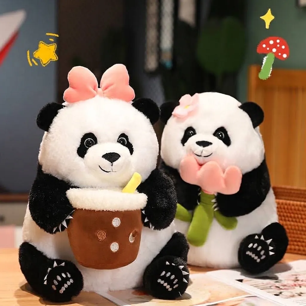 Adorable Giant Panda Plush Toy Soft Realistic Stuffed Animal With Bamboo Flower Accessories Cute Panda Doll Gift For Kids