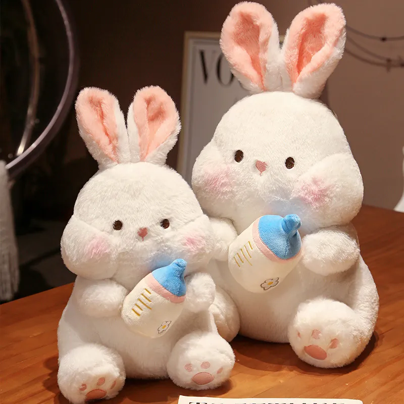 Cartoon Feeding Bottle Rabbit Plush Toy Cute Big Eyed Bunny Stuffed Animal Soft White Rabbit Comfort Doll Home Decor Toy