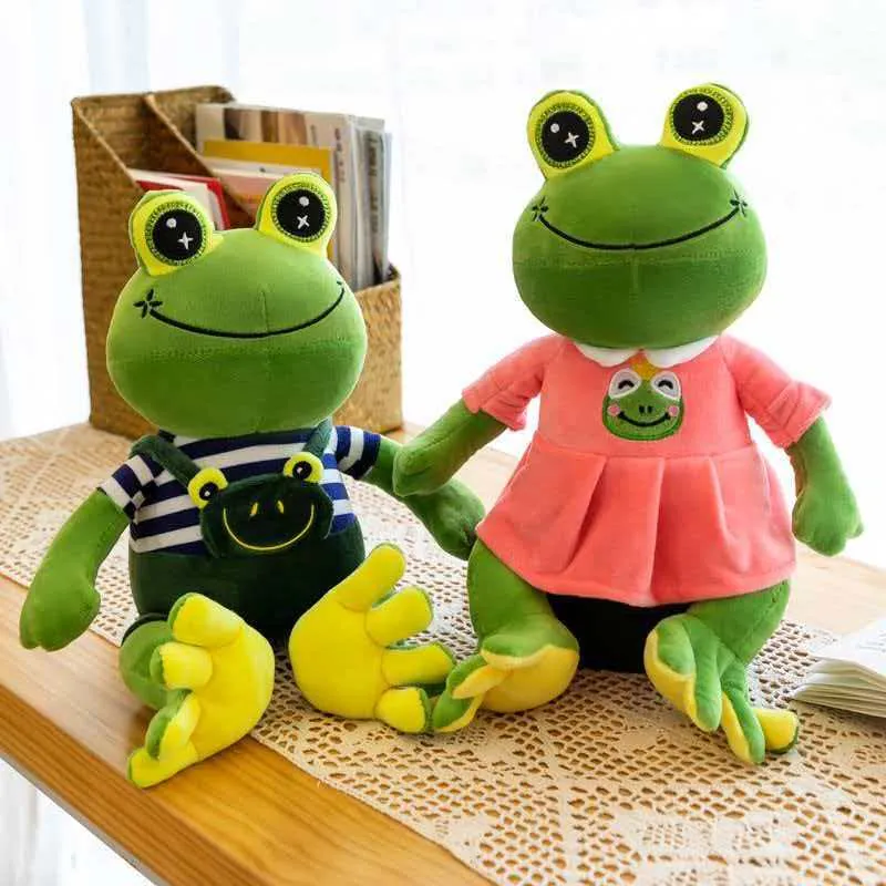 Cute Smiling Frog Plush Toy Stuffed Animal Soft Frog Doll Couple Overall Dress Frog Pillow Birthday Gift For Kids