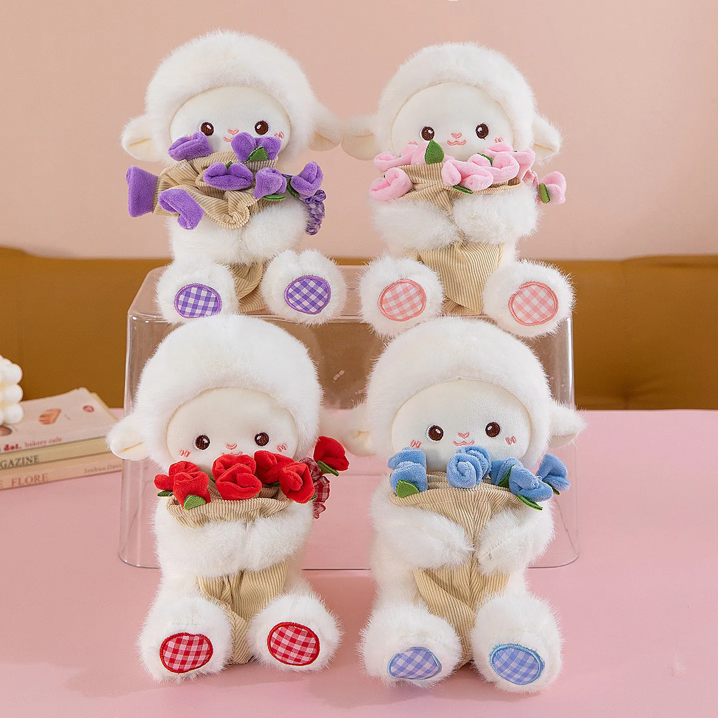 Magnetic Rose Sheep Plush Toy Soft Stuffed Animal Lamb Doll With Removable Bouquet For Valentine Day Birthday Gift For Women Girl