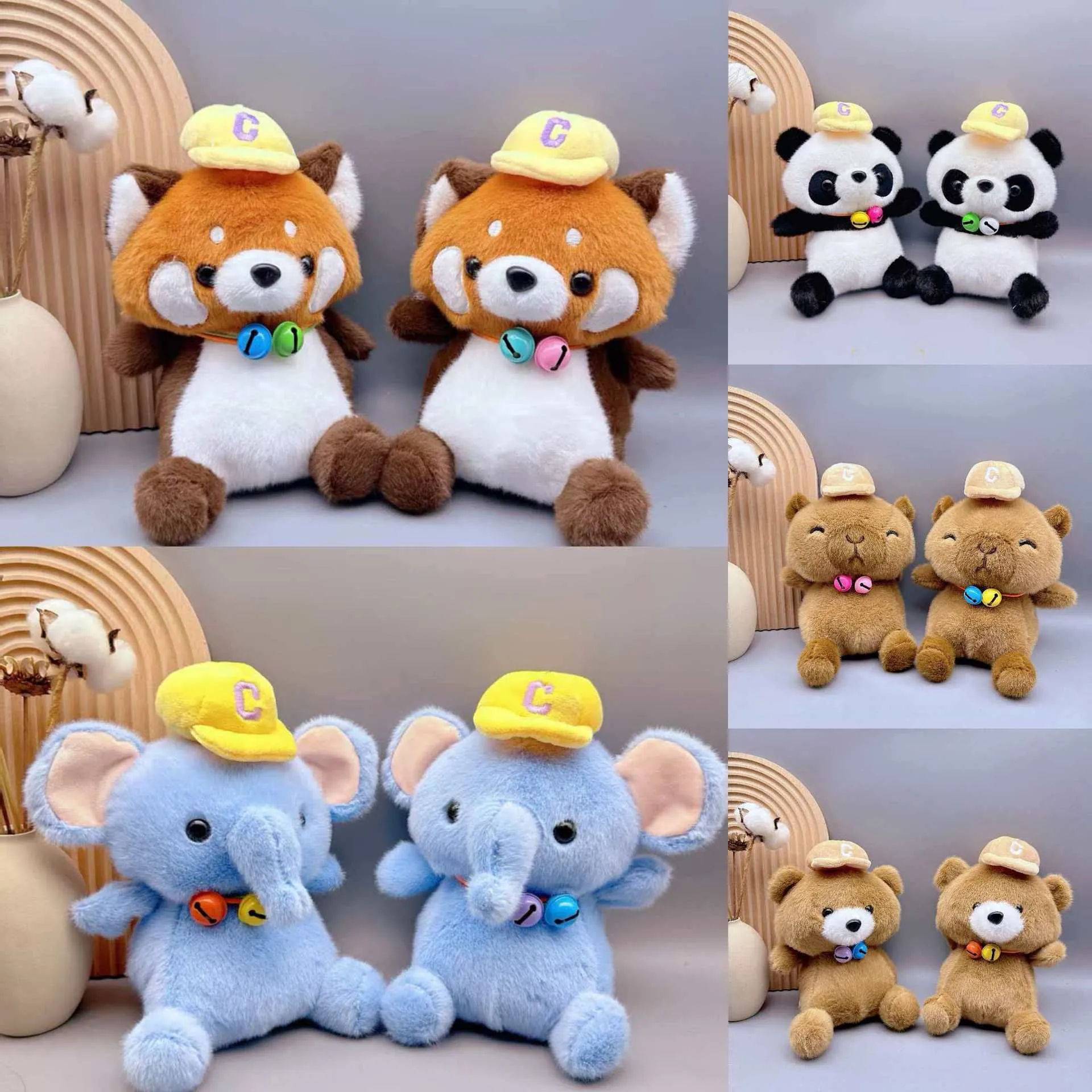 Cute Animal Plush Toy Panda Capybara Elephant Raccoon Bear Stuffed Animal Soft Doll With Bell Hat Desktop Ornament Kids Gift