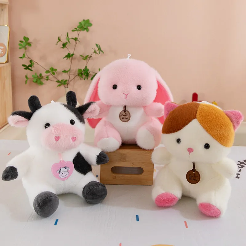 Cute Sitting Animal Plush Toy Soft Stuffed Cow Rabbit Cat Doll Soft Stuffed Animal Toy For Kids Birthday Gift Home Decor