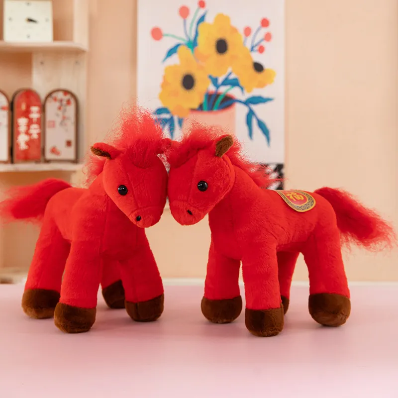 Realistic Red Horse Plush Toy Simulation Stuffed Animal With Fu Blessing Saddle Soft Mane Long Tail Gift For Kids Home Decor