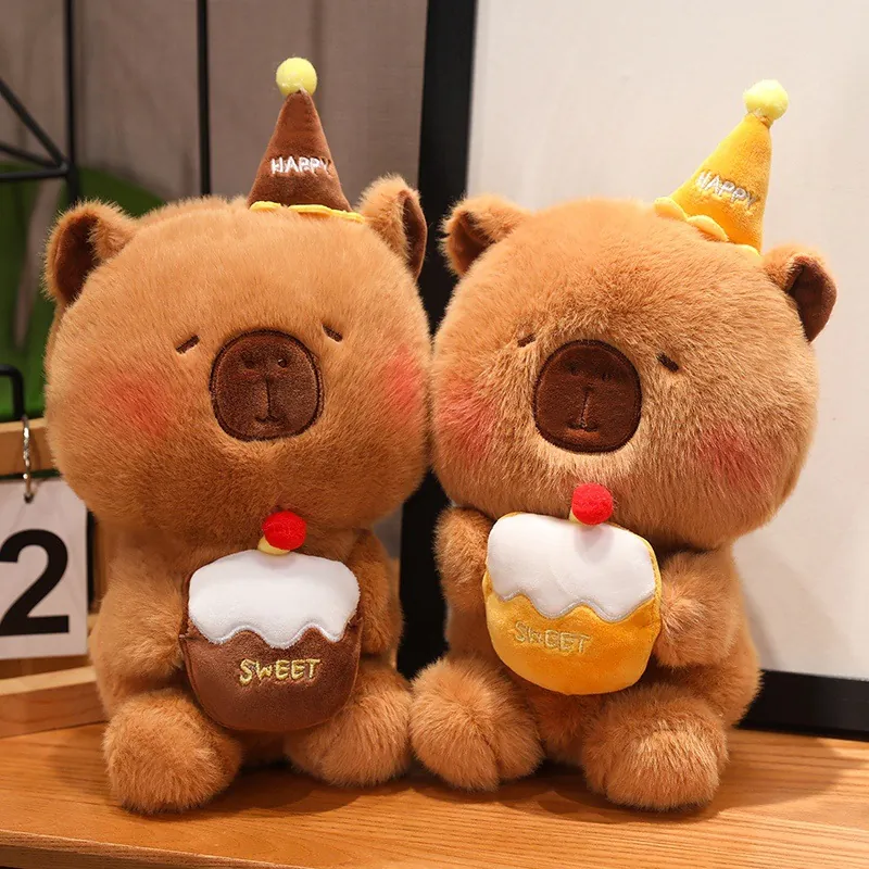 Cute Birthday Capybara Plush Toy Stuffed Animal Wearing Party Hat Holding Cake Soft Stuffed Doll Birthday Gift For Kids