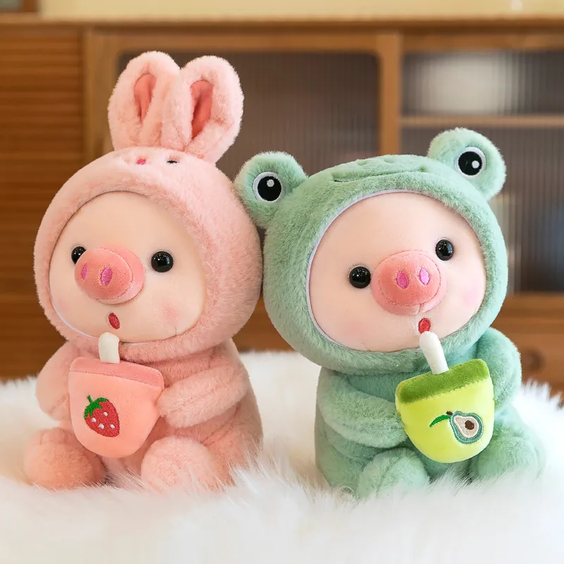Cute Pig Plush Toy Wearing Animal Costume Holding Milk Bottle Stuffed Animal For Kids Girls Gift Soft Piglet Doll Plushie
