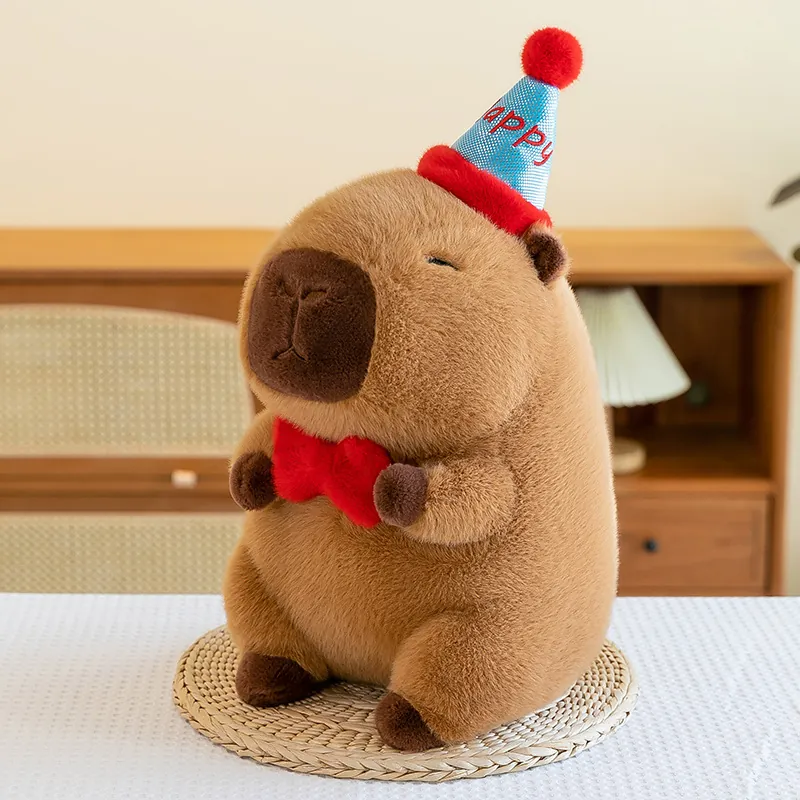 Süßes Wasserschwein Plüschtier Mit Happy Birthday Hut Und Roter Fliege Weiche Stofftierpuppe Geburtstagsgeschenk Für Kinder