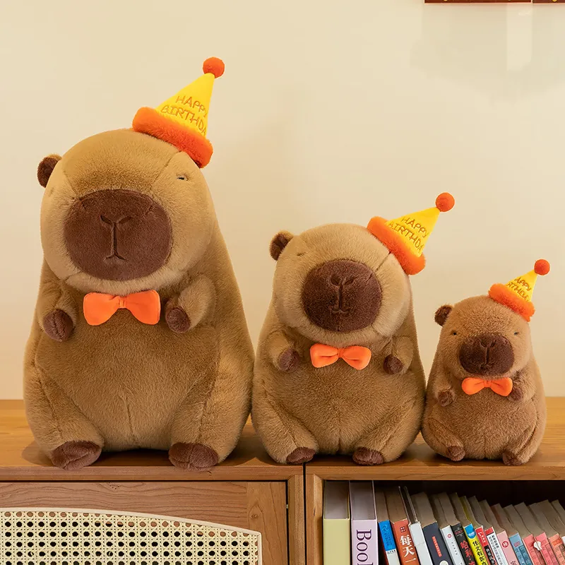 Cute Capybara Plush Toy With Happy Birthday Party Hat And Bow Soft Stuffed Animal Doll Birthday Gift For Girls Kids Room Decor