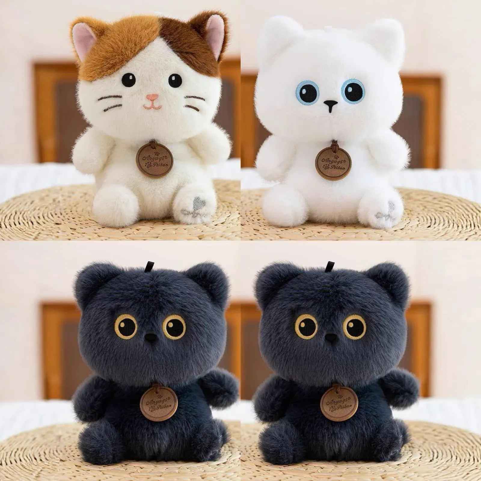 Cute Plush Cat Doll Stuffed Animal Toy Soft Short Plush Kitten Comforting Doll With Wooden Tag For Desktop Decor Kids Gift