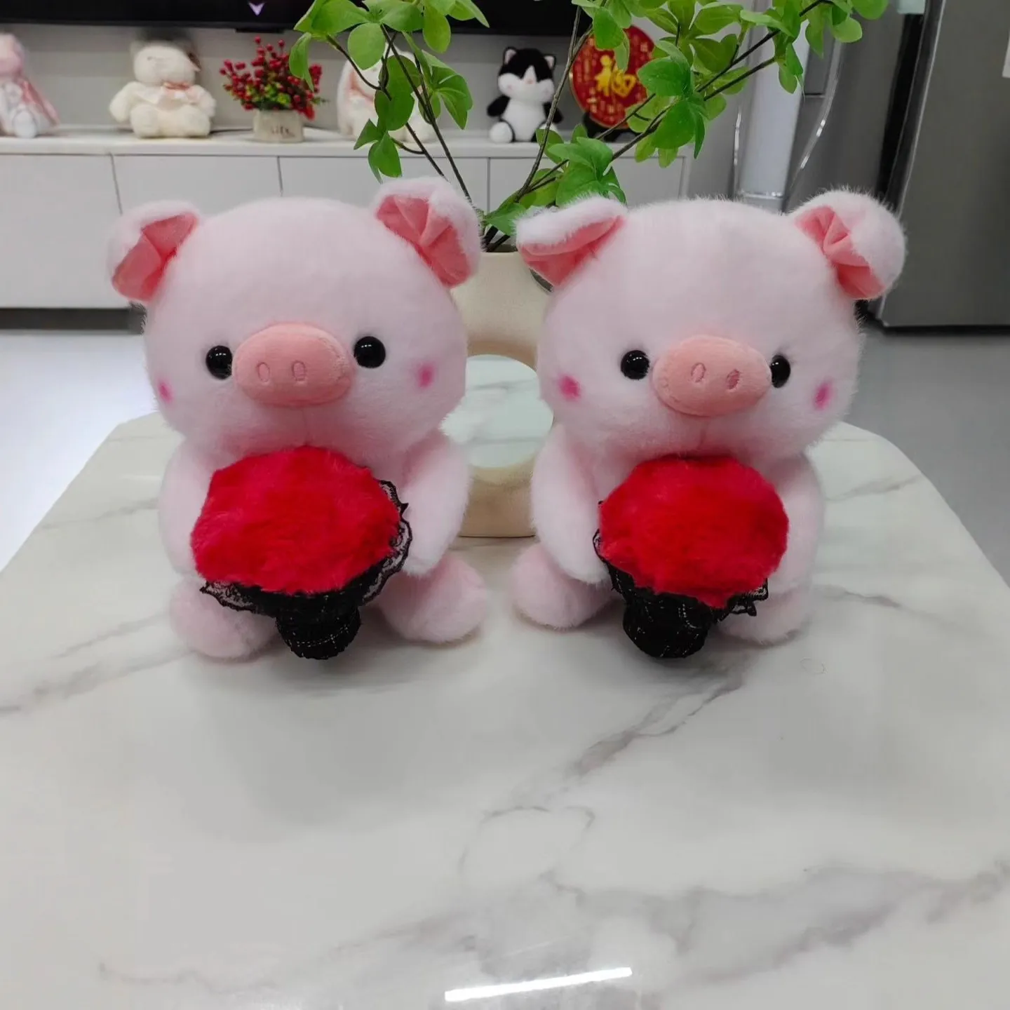 Cute Pink Pig Plush Toy Holding Red Flower Bouquet With Black Lace Valentine Day Gift Soft Stuffed Animal Doll For Girls