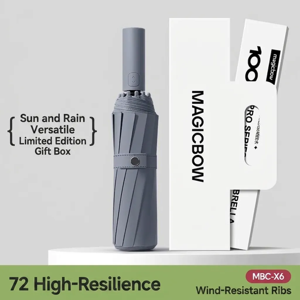 Automatic 72 Ribs Large Folding Umbrella For Men Women UPF50 Black Glue Coating Sunshade UV Protection Rain Travel Umbrella
