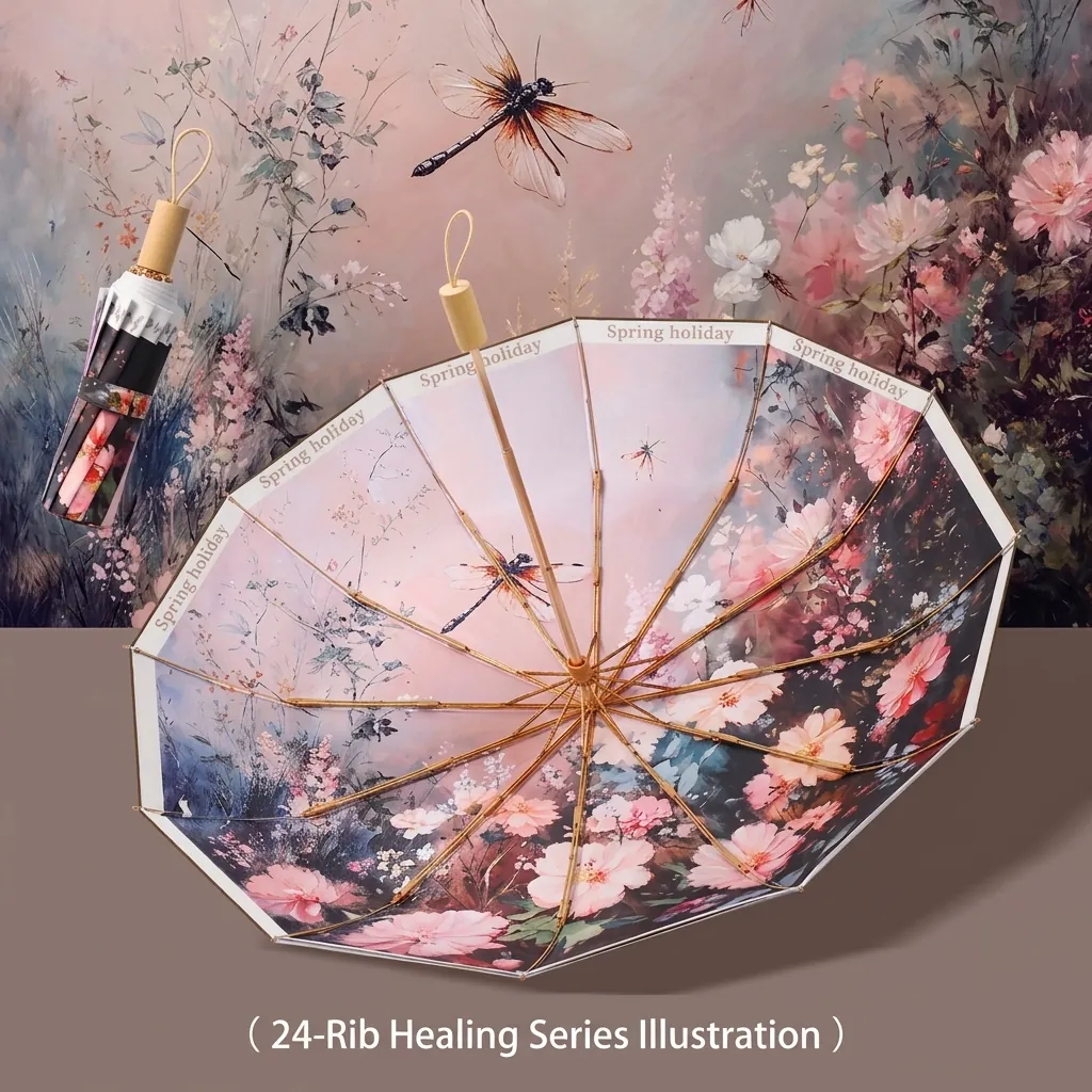 Double Layer Sun Umbrella Vintage Floral Pattern Folding Parasol Wood Handle For Women Outdoor Travel Dual Use Rain Sun