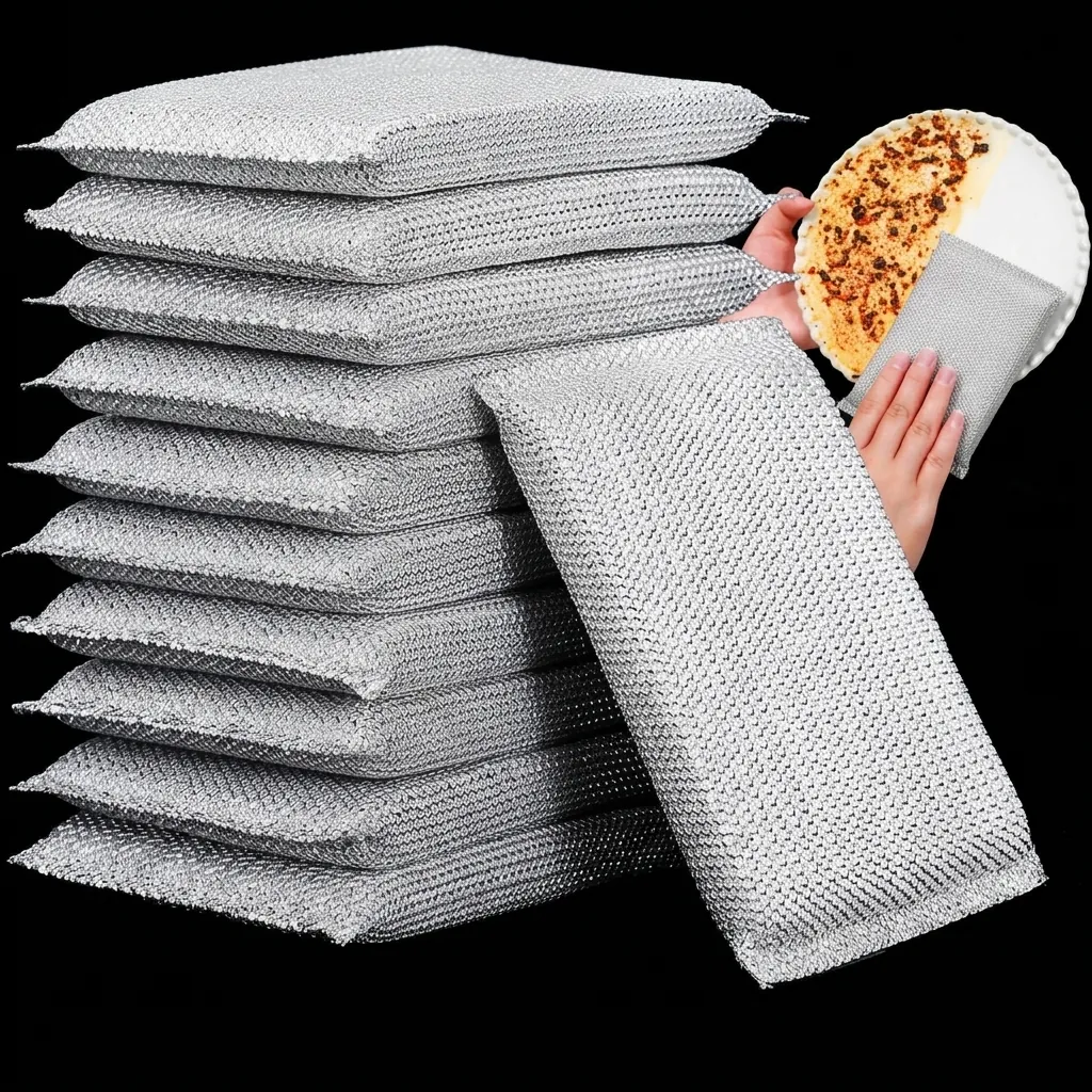 Lavette en Fil d'Acier Double Face Éponge de Nettoyage Cuisine Tampon à Récurer Argent Maille Métallique Chiffon Vaisselle pour Casseroles Anti Rayures