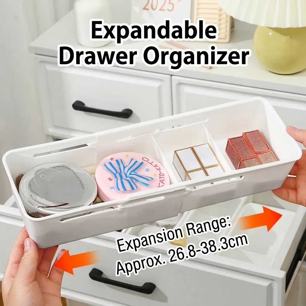 Expandable Drawer Organizer PP Plastic Adjustable Kitchen Cutlery Storage Box White Divided Makeup Stationery Storage Bin Home Office Bathroom Organizer
