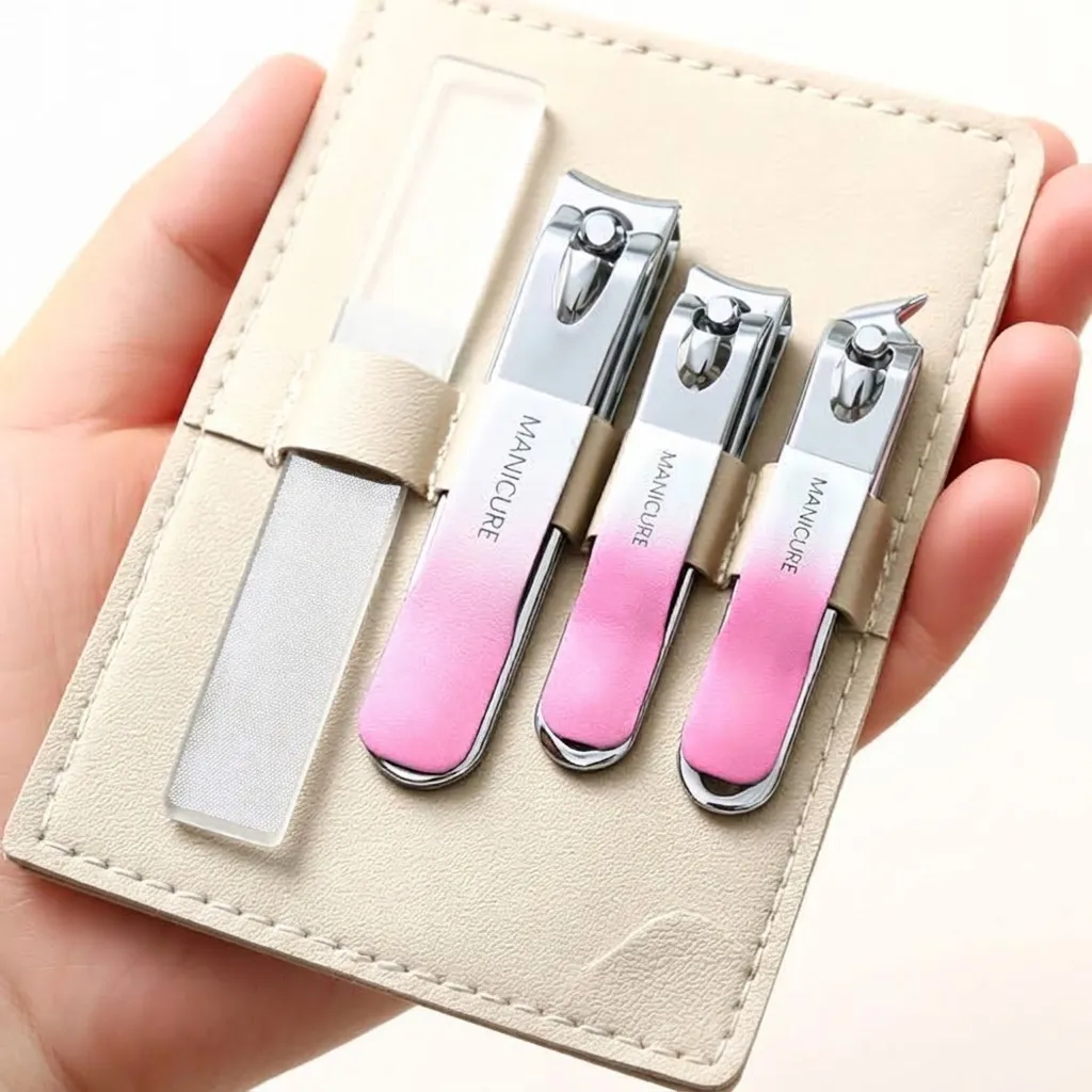 Gradient Pink Stainless Steel Nail Clipper Professional Manicure Pedicure Tool Home Travel Grooming Kit With Leather Pouch