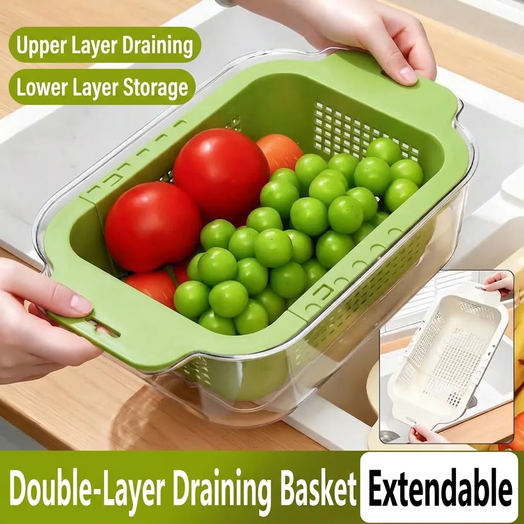 Cesta de Drenaje de Cocina Extensible de Doble Capa Colador de Fregadero de Plástico Lavabo para Lavar Frutas y Verduras Escurridor de Hogar