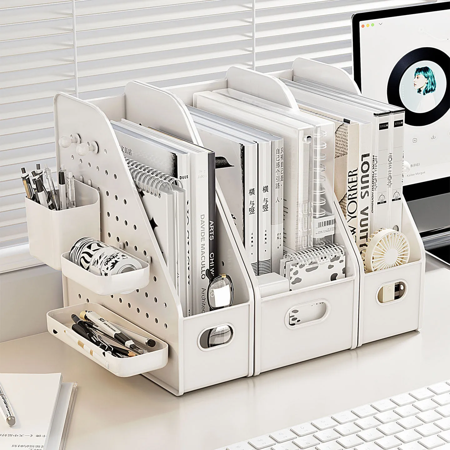 Modern White Desktop Storage Box With Perforated Board Slanted File Organizer For Student Bookshelf Office Document Holder Modular DIY Desk Organizer