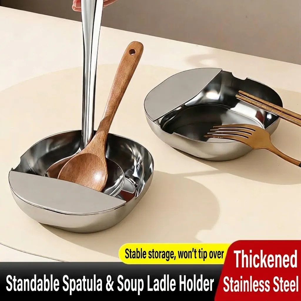 Stainless Steel Spoon Rest Spatula Holder For Kitchen Countertop Heat Resistant Polished Utensil Ladle Rest Organizer Silver