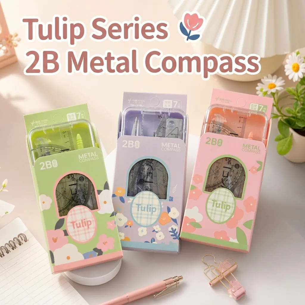 Kit de Dibujo Geométrico Floral de Dibujos Animados Con Compás de Metal Regla Transportador Borrador para Estudiantes Escuela Papelería