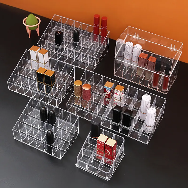 Acrylic Lipstick Organizer Transparent Cosmetic Storage Box With Dustproof Lid Multiple Grids Makeup Display Stand For Lip Gloss Nail Polish Desk Organizer