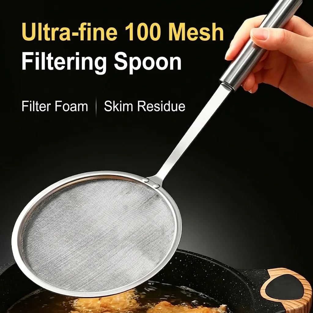 304 Stainless Steel Fine Mesh Strainer Skimmer Spoon With Long Handle For Kitchen Oil Skimming Dregs Filtration 100 Mesh Filter Spoon