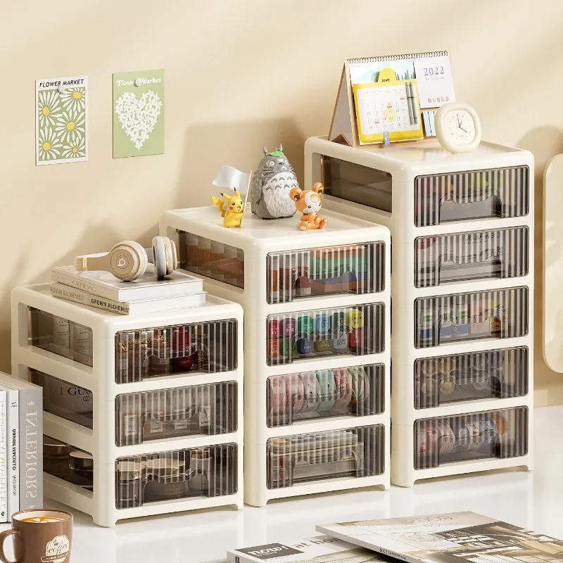 Modern Minimalist Creamy White Desktop Storage Box Transparent Striped Multi Layer Drawer Type Cosmetic Stationery Organizer Stackable Cabinet