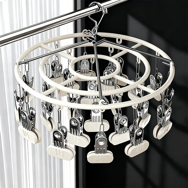 Multifunctional Stainless Steel Circular Drying Rack With Clips Windproof Hook For Socks Underwear Home Laundry Storage Hanger